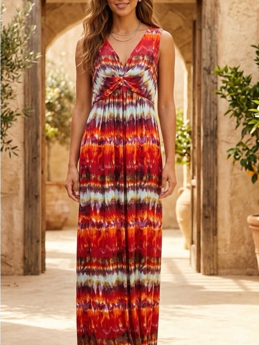 Chico's Red Orange Tie-Dye V-Neck Maxi Dress